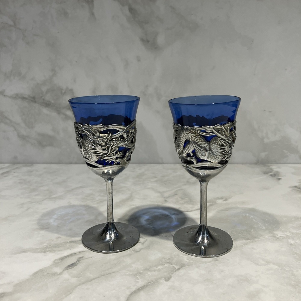 Nikko Blue Glass Dragon Silverplate Dragon Cordial Shot Glasses Set Of 2